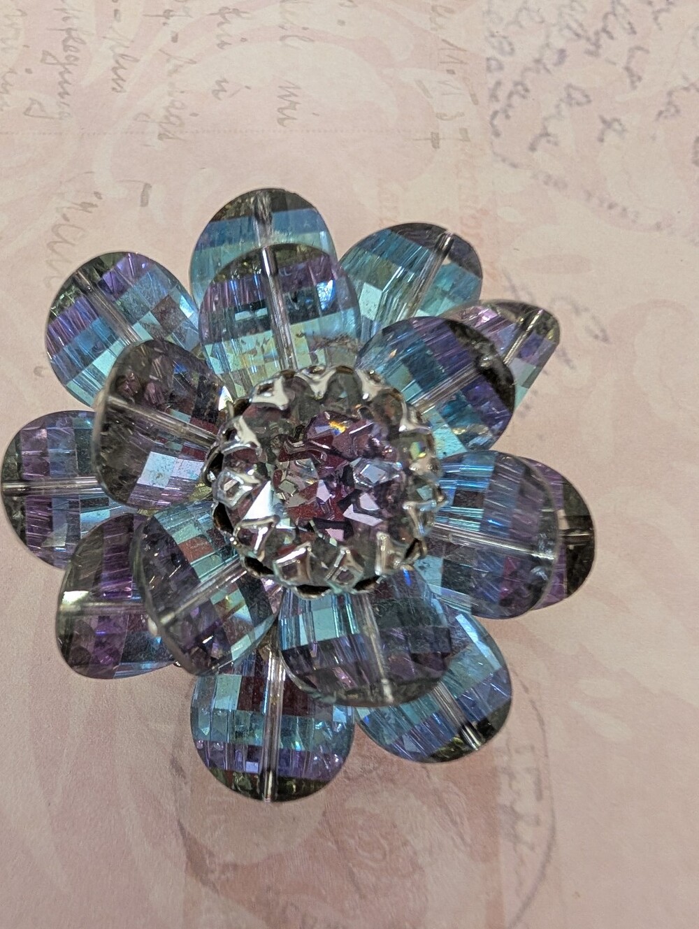 Vintage Light Blue-Lavender Flower Brooch Signed Vendome